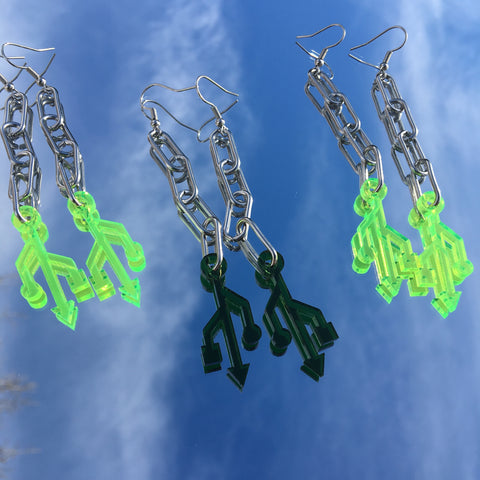 USB symbol with industrial chain link earrings. Available in see through neon lime and evergreen. 